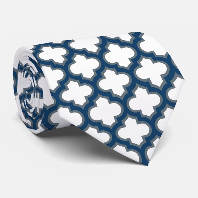 White and Navy Blue Trellis, Lattice, Quatrefoil Neck Tie (Rolled)