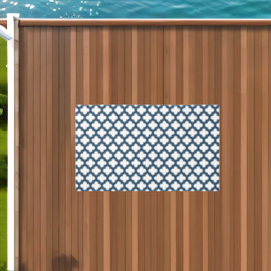 White and Navy Blue Trellis, Lattice, Quatrefoil Outdoor Rug