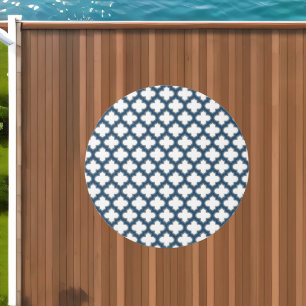 White and Navy Blue Trellis, Lattice, Quatrefoil Outdoor Rug
