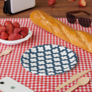 White and Navy Blue Trellis, Lattice, Quatrefoil Paper Plates