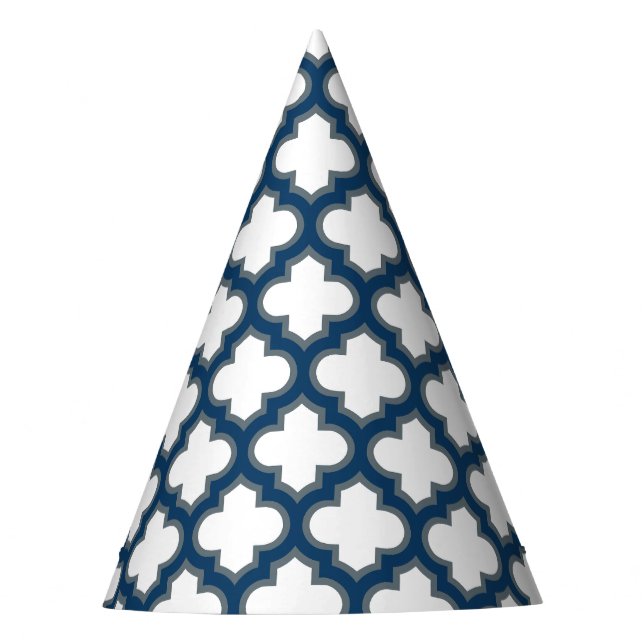 White and Navy Blue Trellis, Lattice, Quatrefoil Party Hat (Front)