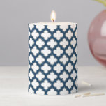 White and Navy Blue Trellis, Lattice, Quatrefoil Pillar Candle