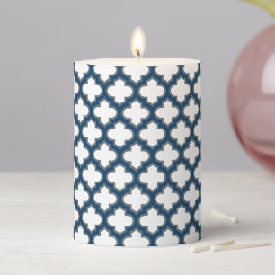 White and Navy Blue Trellis, Lattice, Quatrefoil Pillar Candle