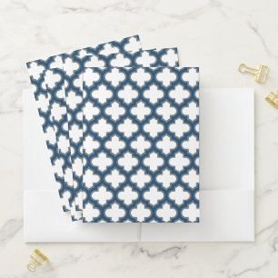 White and Navy Blue Trellis, Lattice, Quatrefoil Pocket Folder