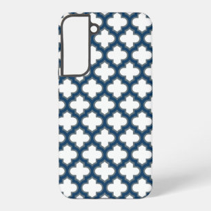White and Navy Blue Trellis, Lattice, Quatrefoil Samsung Galaxy S22+ Case