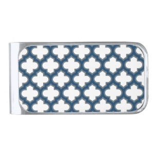 White and Navy Blue Trellis, Lattice, Quatrefoil Silver Finish Money Clip