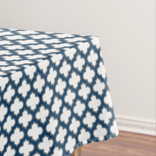 White and Navy Blue Trellis, Lattice, Quatrefoil Tablecloth