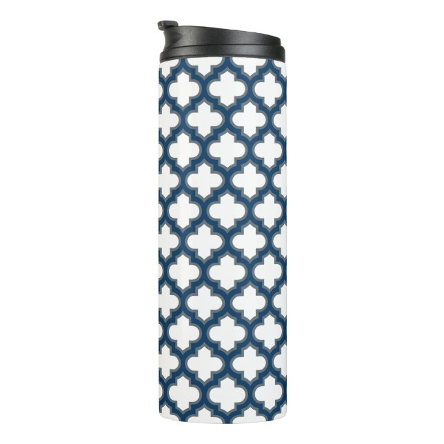 White and Navy Blue Trellis, Lattice, Quatrefoil Thermal Tumbler (Rotated Right)