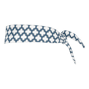 White and Navy Blue Trellis, Lattice, Quatrefoil Tie Headband
