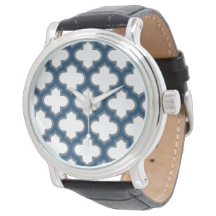 White and Navy Blue Trellis, Lattice, Quatrefoil Watch
