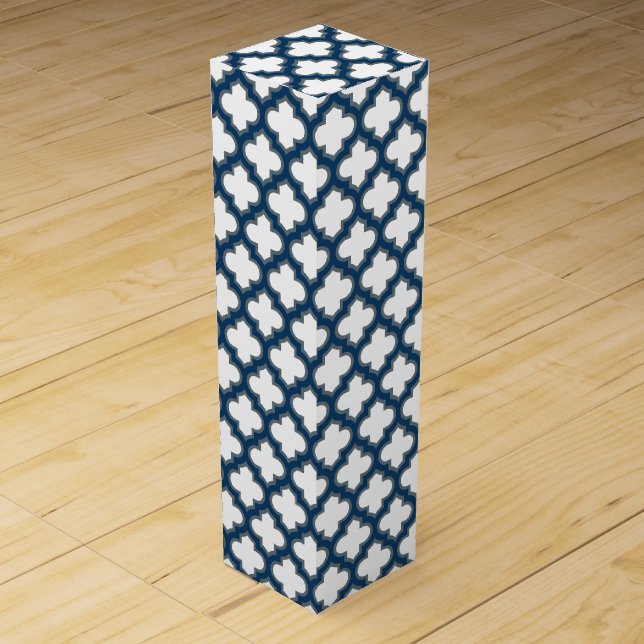 White and Navy Blue Trellis, Lattice, Quatrefoil Wine Box (Front)