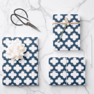 White and Navy Blue Trellis, Lattice, Quatrefoil Wrapping Paper Sheets