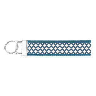 White and Navy Blue Trellis, Lattice, Quatrefoil Wrist Keychain