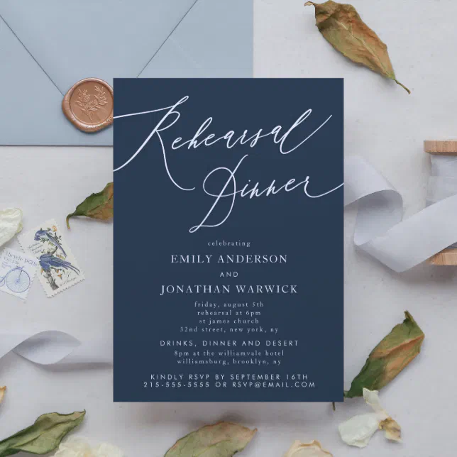 White And Navy Blue Wedding Rehearsal Dinner Invitation Zazzle