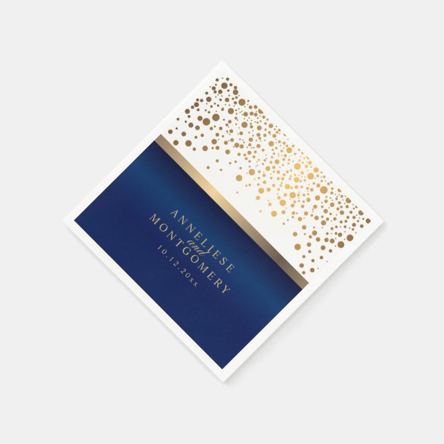 White and Navy Blue with Gold Confetti Dots Paper Napkins (Corner)