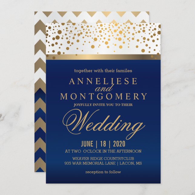 White and Navy Blue with Gold Dots - Invitation (Front/Back)