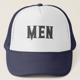 White and Navy Color MEN text Giant Font size Cool Trucker Hat