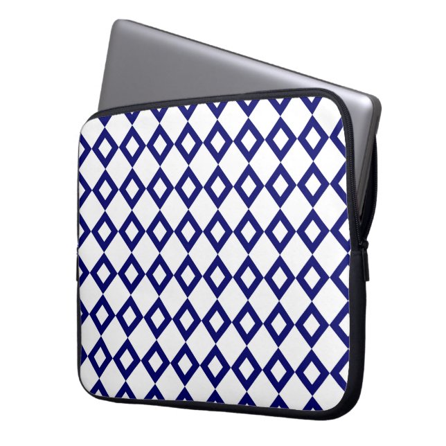 White and Navy Diamond Pattern Laptop Sleeve (Front Left)
