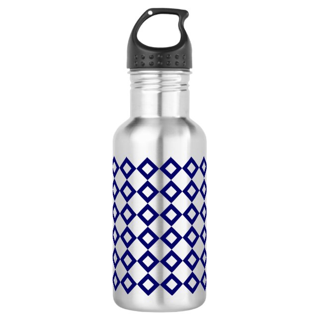 White and Navy Diamond Pattern Water Bottle (Front)