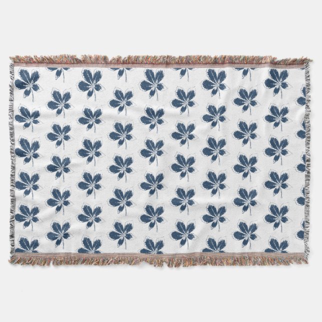 White and Navy Fall Leaves Pattern Throw Blanket (Front)