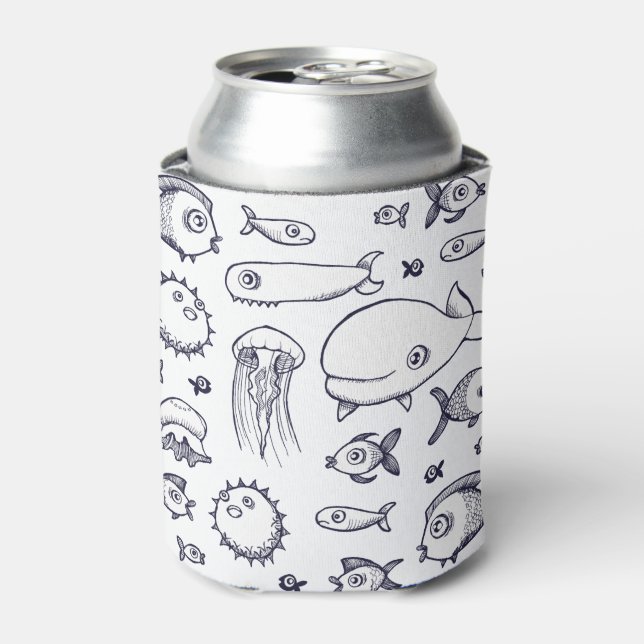 White and Navy Fish Drawing Stubby Holder Can Cooler (Can Front)