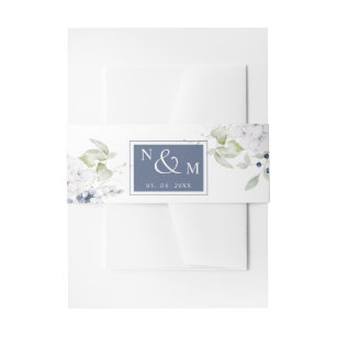 White and Navy Floral, Monogram Wedding Invitation Belly Band