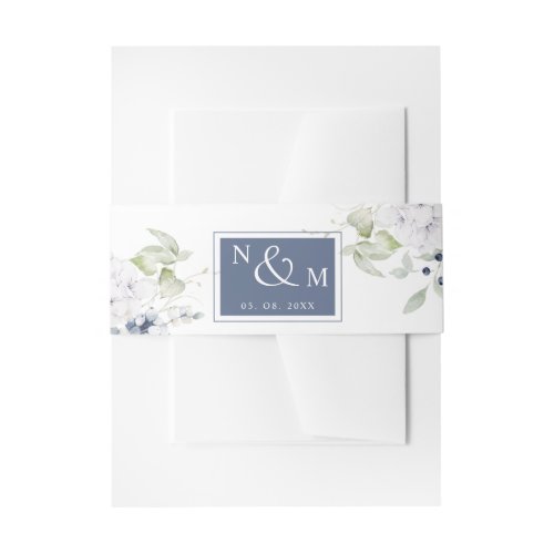 White and Navy Floral Monogram Wedding Invitation Belly Band
