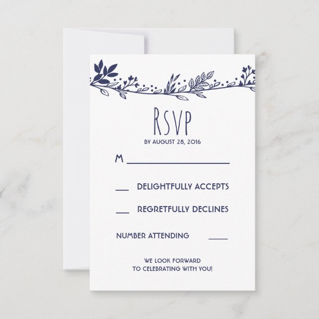 White and Navy Floral Wedding RSVP Card (Front)