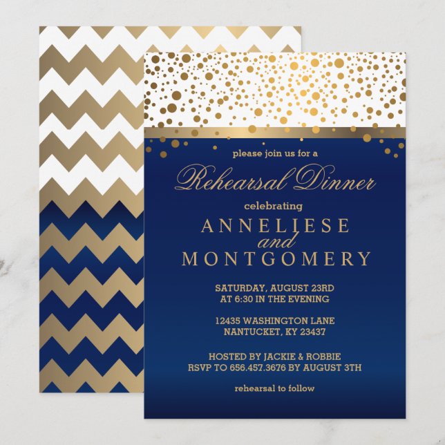 White and Navy, Gold Confetti - Rehearsal Dinner Invitation (Front/Back)