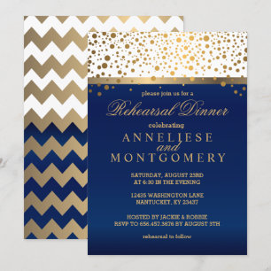 White and Navy, Gold Confetti - Rehearsal Dinner Invitation