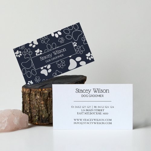 White And Navy Pet Groomer Paw Print Business Card