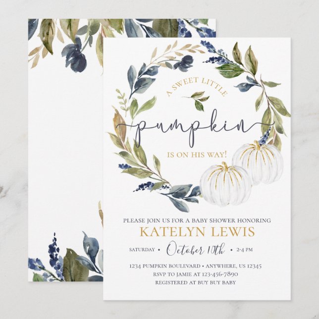 White and Navy Pumpkin Baby Shower Invitation (Front/Back)