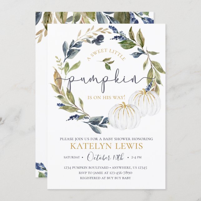 White and Navy Pumpkin Baby Shower Invitation (Front/Back)
