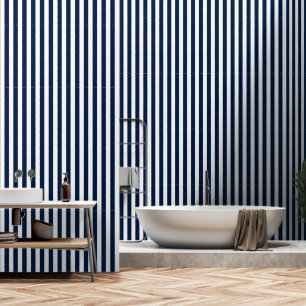 White and Navy Stipes Wallpaper