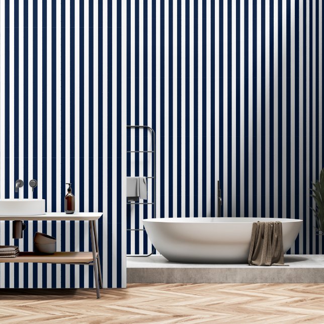 White and Navy Stipes Wallpaper (Bathroom)