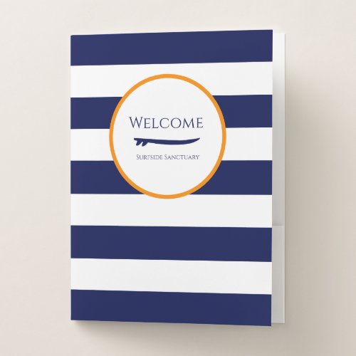 White and Navy Striped Welcome Pocket Folder