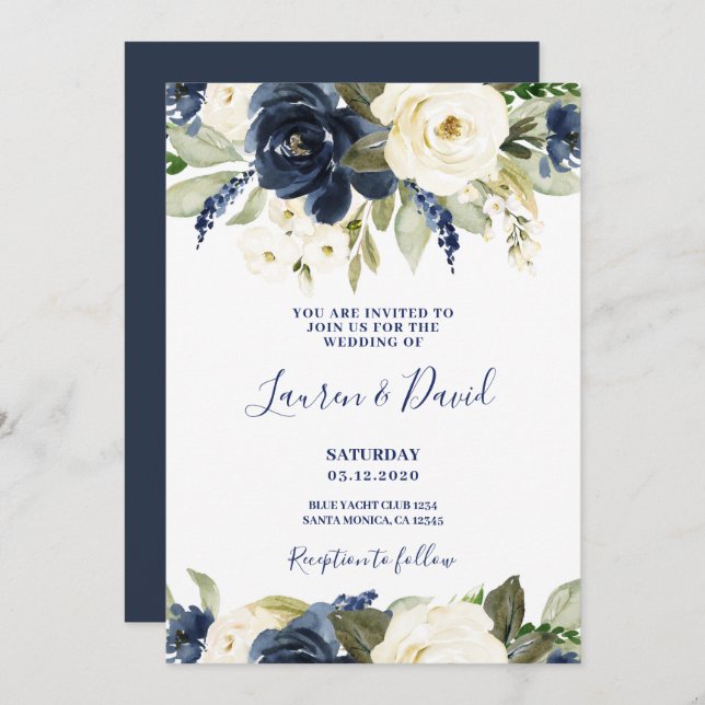White and Navy Wedding invitation (Front/Back)