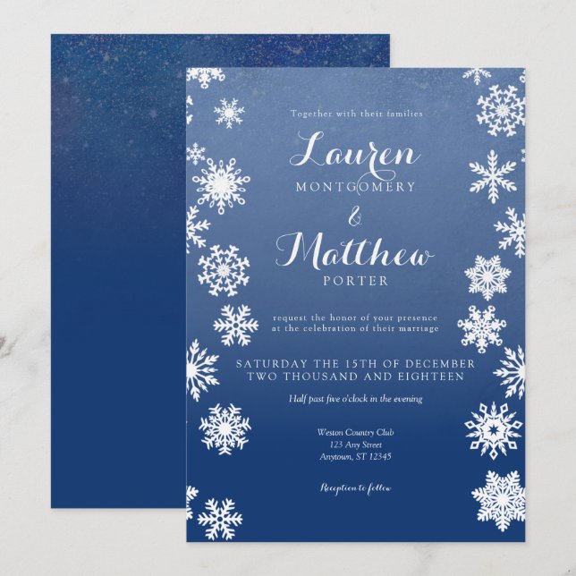 White and Navy Winter Snowflake Wedding Invitation (Front/Back)