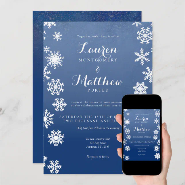 White and Navy Winter Snowflake Wedding Invitation | Zazzle