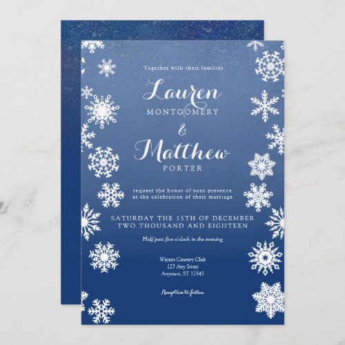 White and Navy Winter Snowflake Wedding Invitation