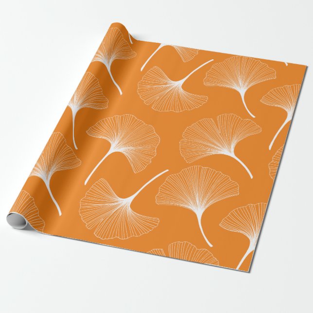 White and orange abstract leaves pattern wrapping paper (Unrolled)