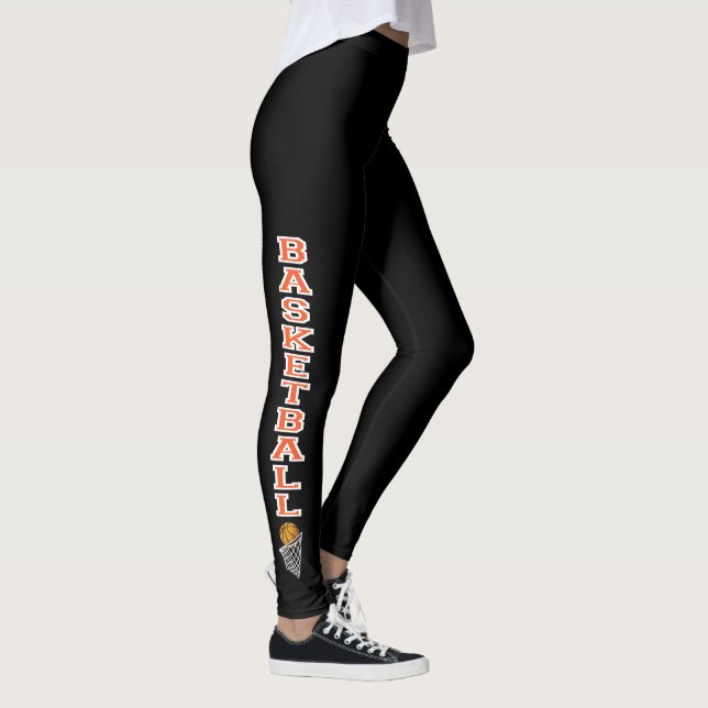 White and Orange Basketball Design on Black Leggings (Right)