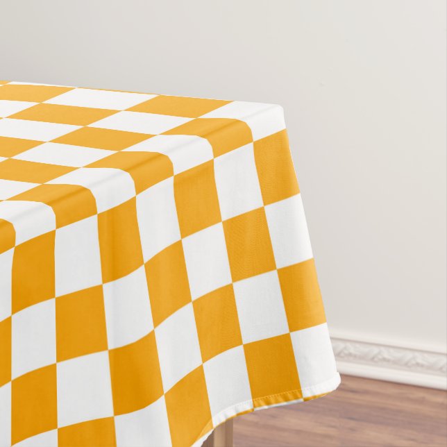 White and orange checkered check cotton dining tablecloth (In Situ)