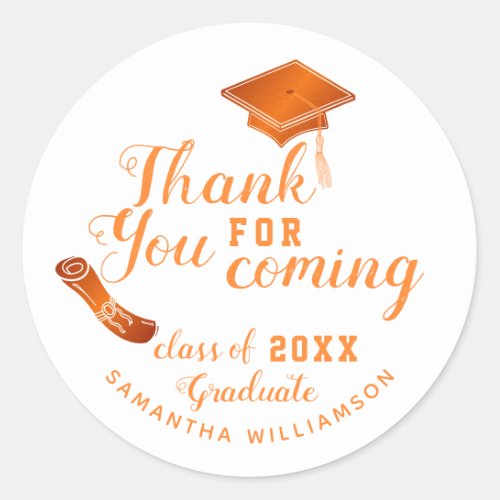 White and Orange Class of 2023 Graduate Thank You Classic Round Sticker