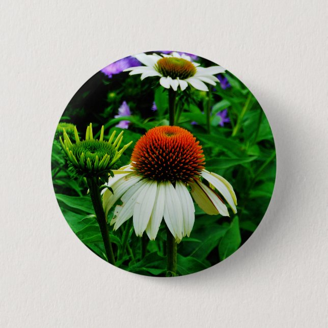 White and Orange ConeFlowers Button (Front)