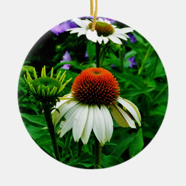 White and Orange ConeFlowers Ceramic Ornament (Front)