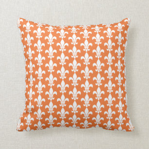 White and Orange Fleur de Lis Pattern Throw Pillow