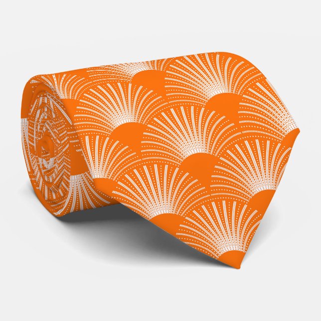 White and Orange Floral Art Deco Pattern Neck Tie (Rolled)