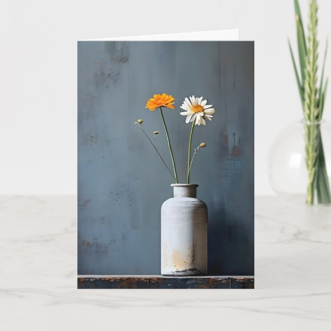 White and Orange Flowers in Gray Vase Mother's Day Holiday Card (Front)