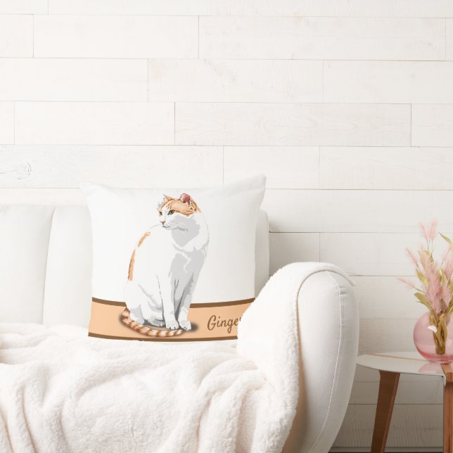 White and Orange Ginger Cat Personalized Throw Pillow (Couch)